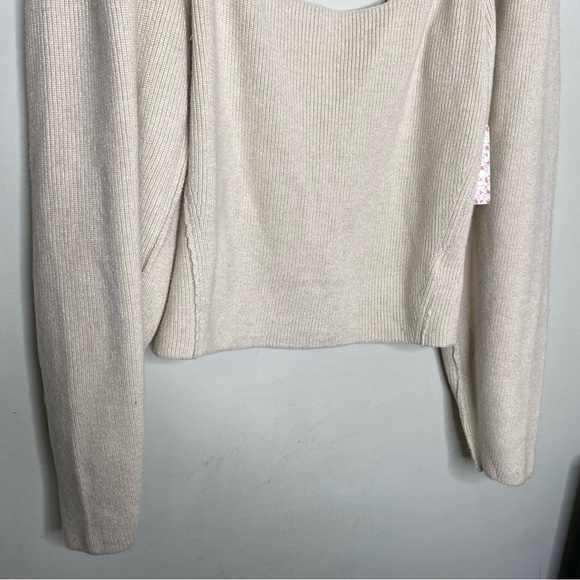 ✨NWT Free People Oatmeal Tan Saffron Open Back Puff Sleeve Sweater Top Medium - Picture 7 of 10